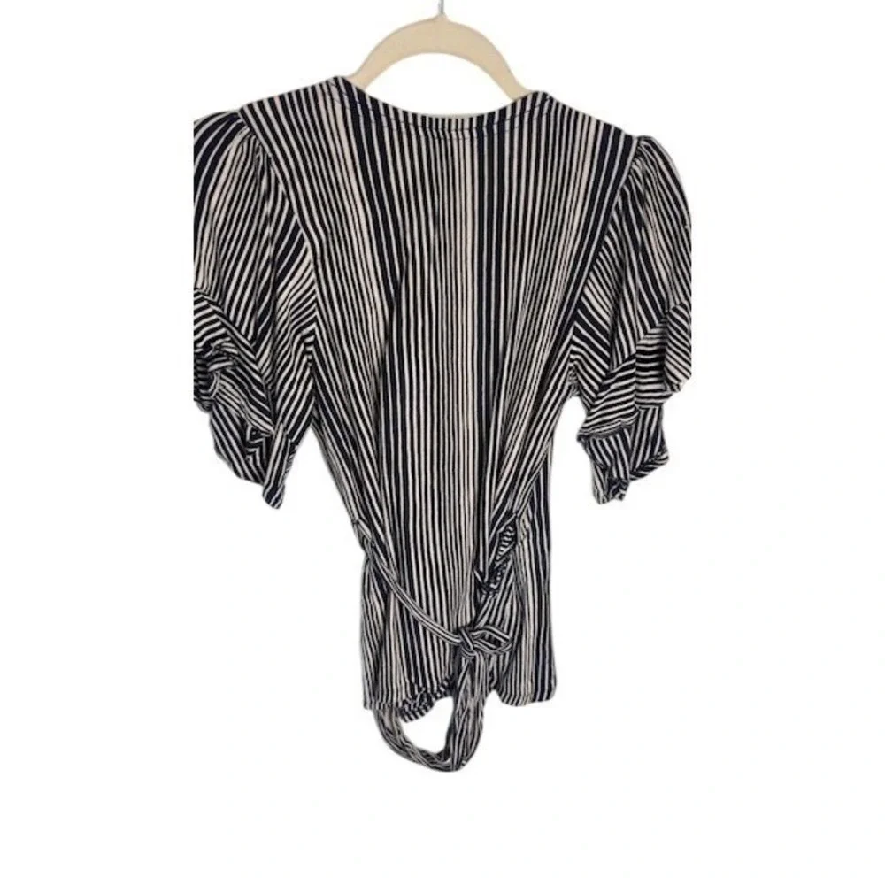 Free People Wrap Top Womens S Navy Blue Stripe Puff Sleeve Ruffle Cotton
